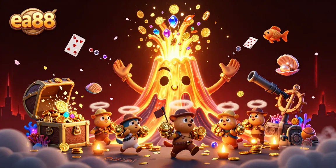 Experience thrilling excitement at ea88 with vibrant treasures erupting from a golden volcano in this 3D illustration.