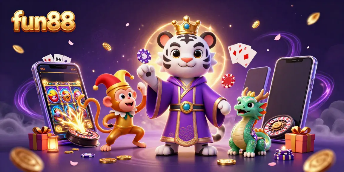 Experience fun88 with a vibrant 3D illustration showcasing casino excitement and playful characters.
