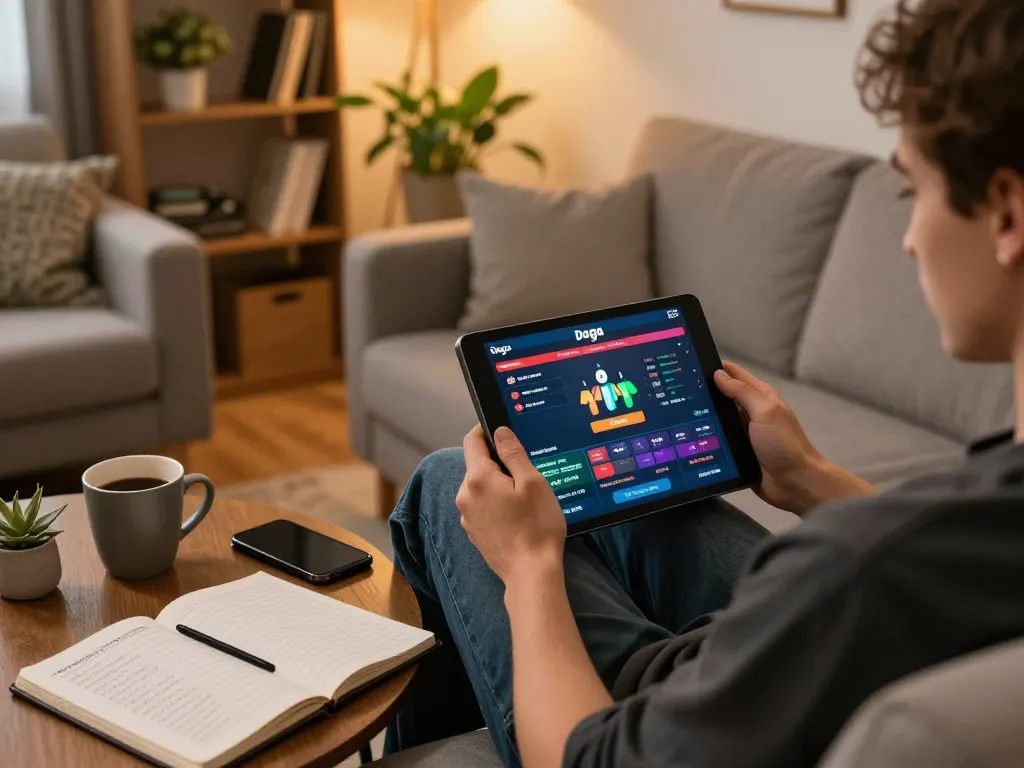 Daga online betting scene in a cozy home setting, showcasing tablet gaming and a strategic notebook.