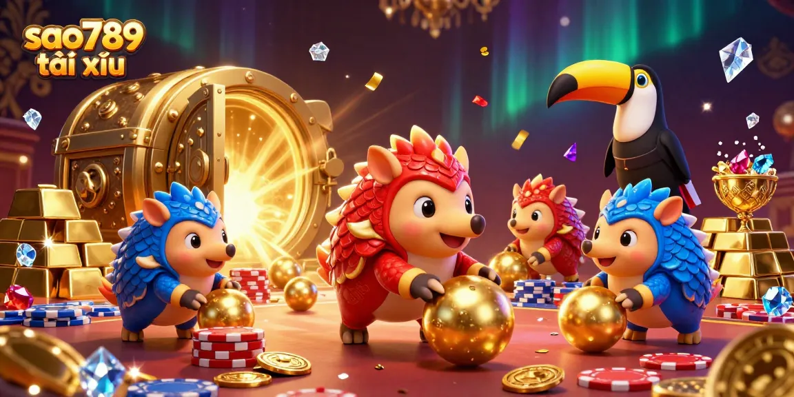 Engaging scene depicting sao789 tài xỉu with pangolins bowling through poker chips amid treasure, vibrant details.