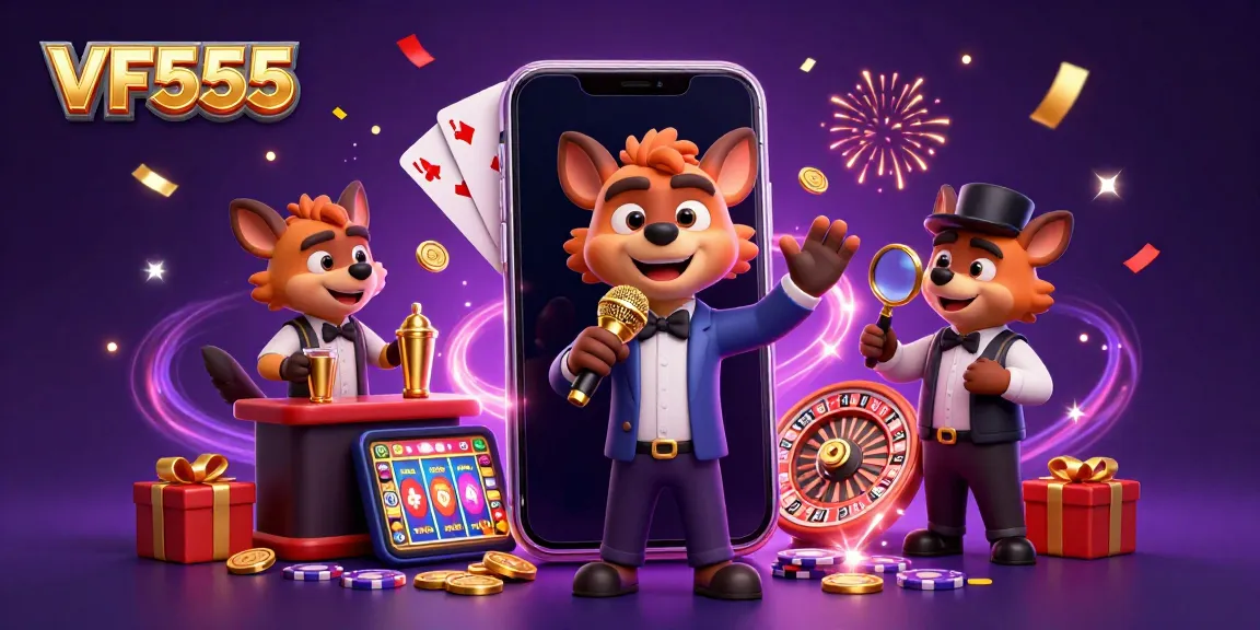 Experience vibrant entertainment at VF555 Casino with hyenas in a lively scene mixing drinks and telling jokes.