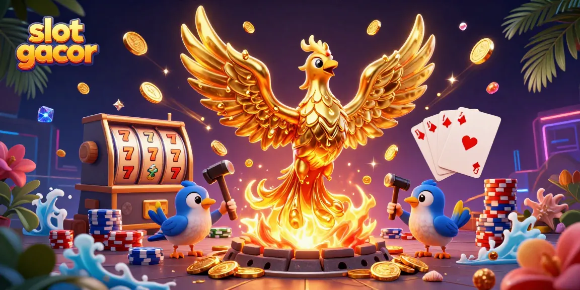 Slot gacor menampilkan phoenix emas dan koin mengalir dalam atmosfer kasino yang megah.
