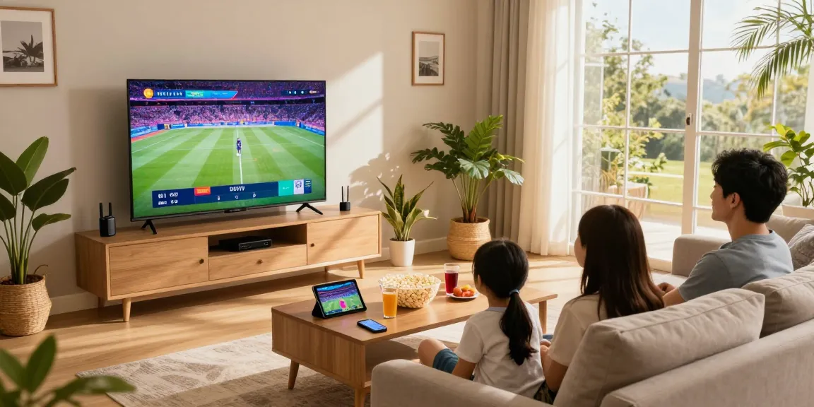 Family enjoying IPTV sports streaming in a stylish living room with HD content
