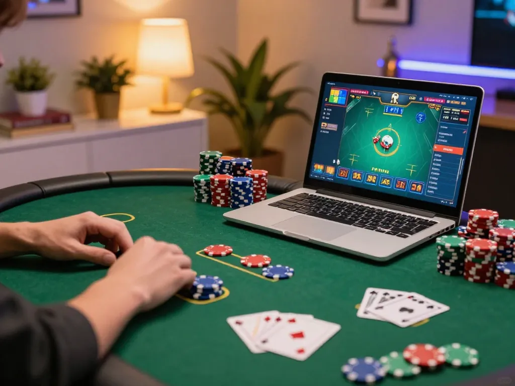 Gamebaidoithuong8 highlights a player engaged in online poker with colorful chips and an inviting setup.