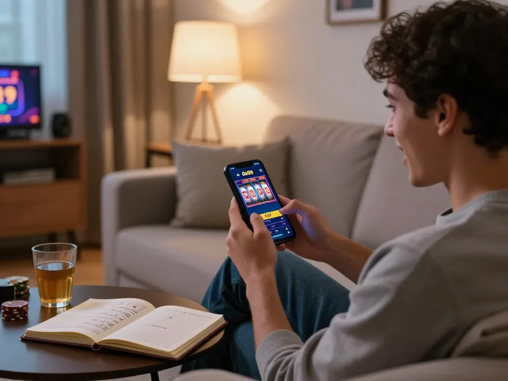 Engaging moment of a player using the Go99 mobile app for online gambling in a cozy home setting.