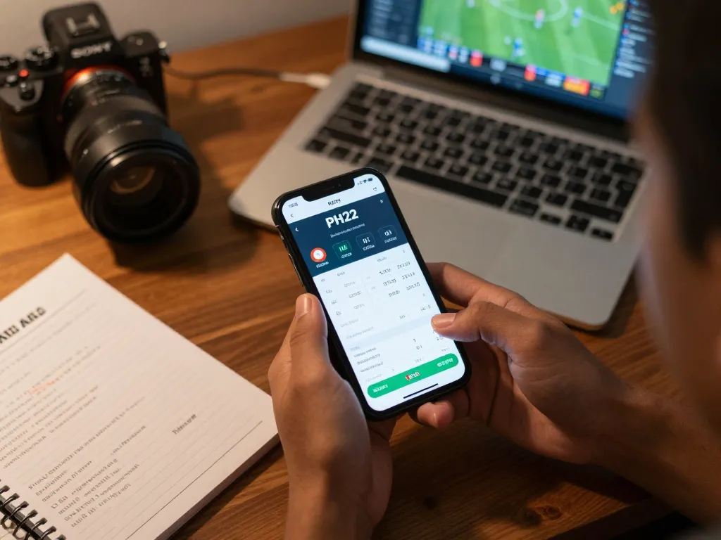 PH22 app on smartphone displaying live sports betting odds while strategizing at home.