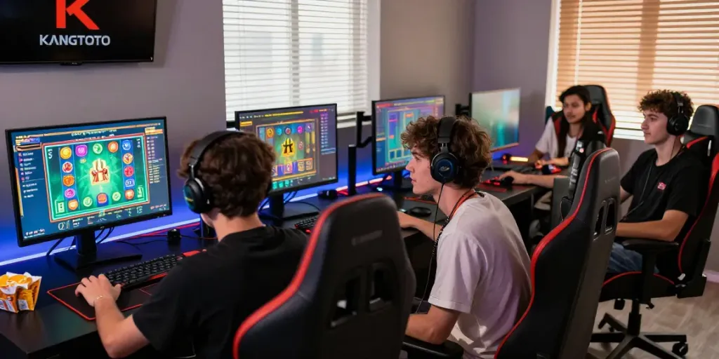 Pengalaman bermain KANGTOTO dengan sekelompok teman di ruang gaming modern, menunjukkan suasana kompetitif dan menyenangkan.
