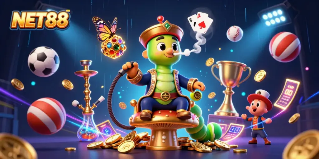 Engage with NET88's vibrant casino experience showcasing cartoon caterpillar, sports elements, and dynamic visuals.