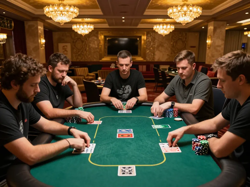 A thrilling poker game at MM88Star with players concentrated and colorful chips on the table, highlighting the tension.