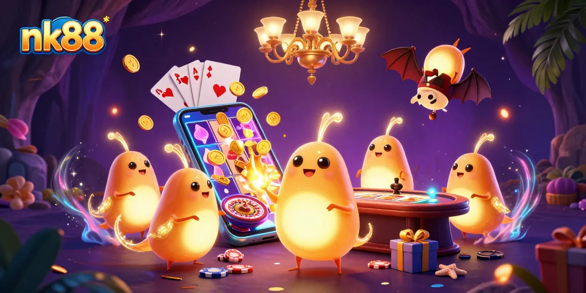 Experience thrilling fun at nk88 with glowworms lighting up a vibrant casino scene full of games.
