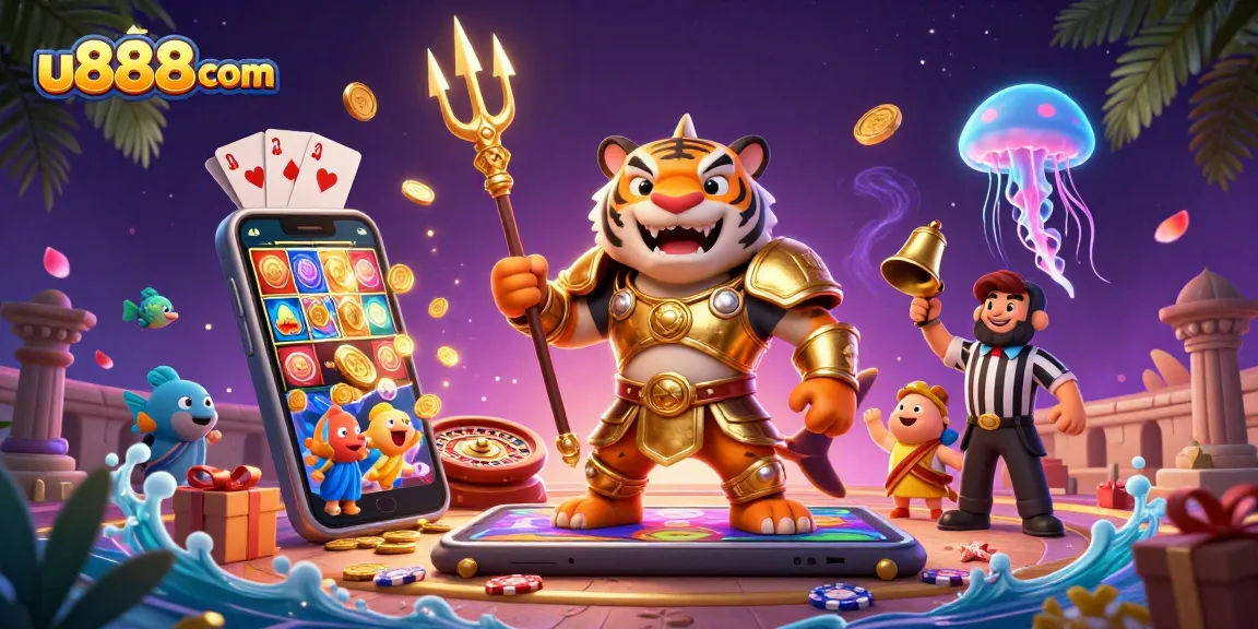 Experience thrilling gameplay at u888com with a cartoon tiger shark, slot games, and exciting underwater action.