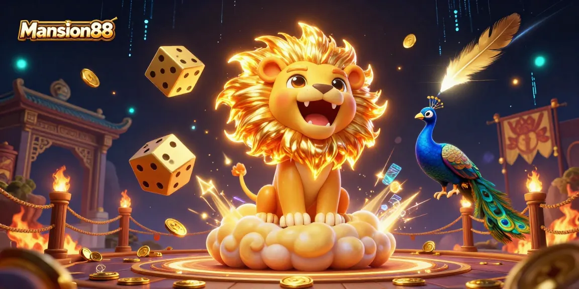Experience thrilling action at Mansion88 with a roaring lion, golden dice, and vibrant casino elements.