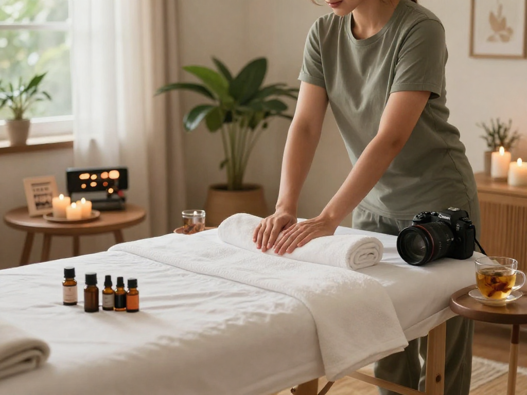 신촌출장안마 providing a serene home massage setup with professional therapist and calming atmosphere