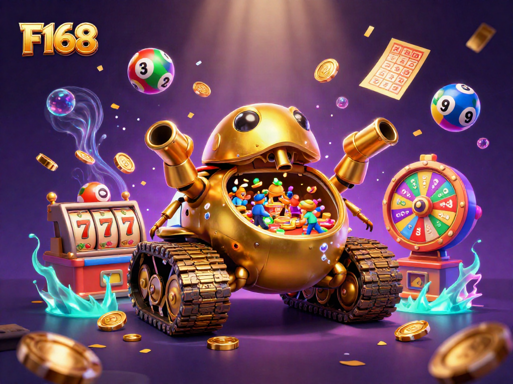 Experience thrilling F168 casino action with vibrant elements and dynamic energy in this 3D illustration.