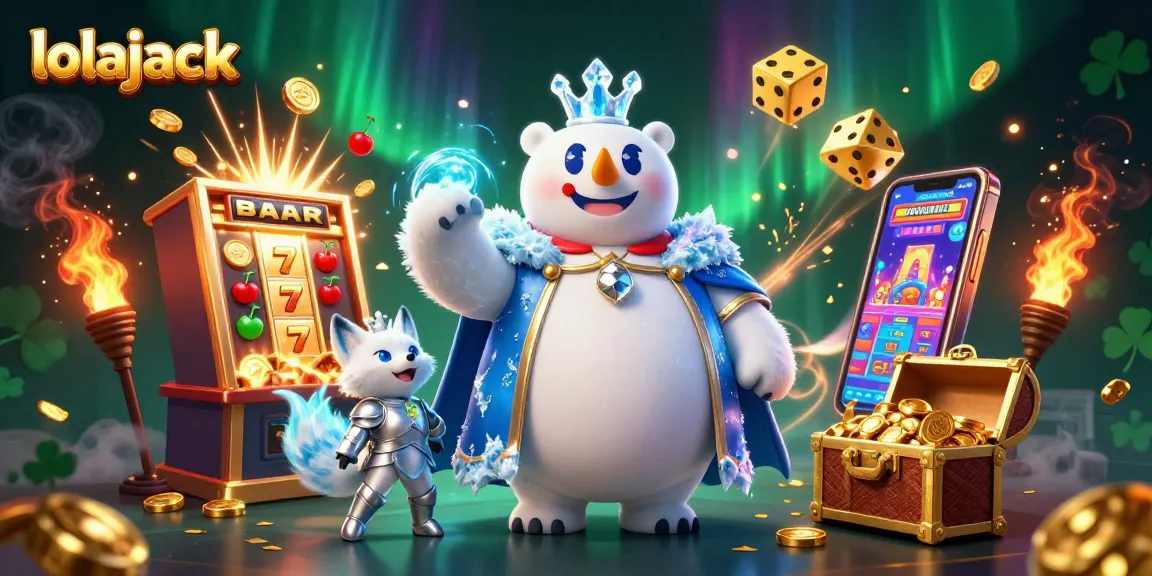 Experience the thrill of lolajack with a vibrant casino-themed 3D illustration featuring a polar bear king and gold symbols.