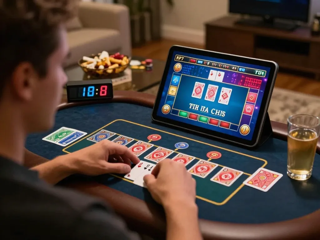 79win user engaging in live dealer game on tablet, showcasing strategic gambling in a cozy setting