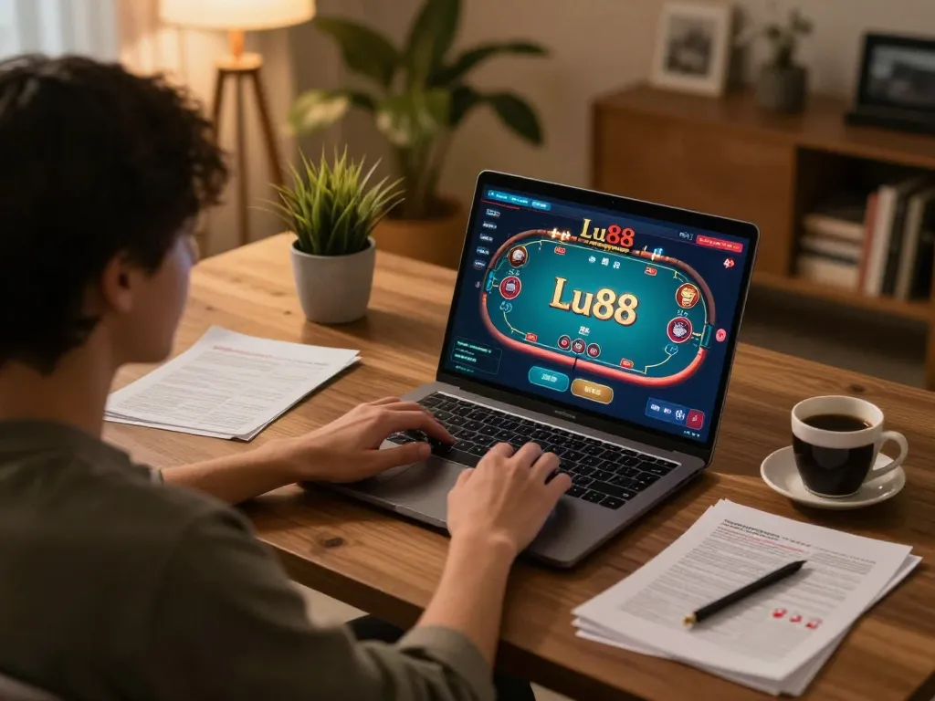 Play poker online at Lu88 with an engaging home gaming setup and interactive interface.