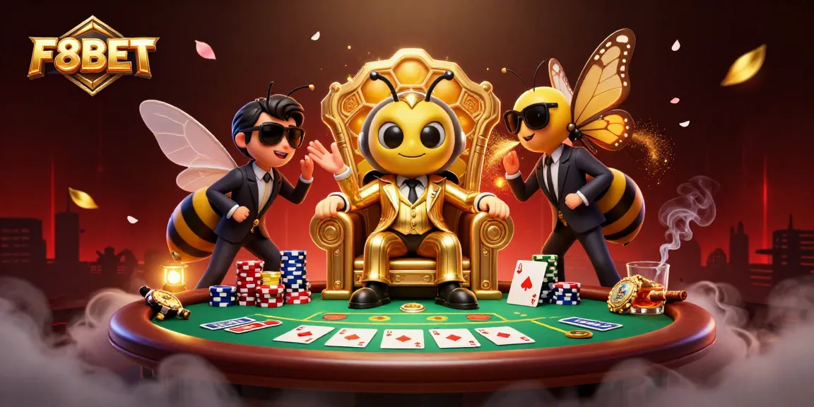 Experience vibrant gaming at F8BET with a dynamic casino scene showcasing poker elements and characters.
