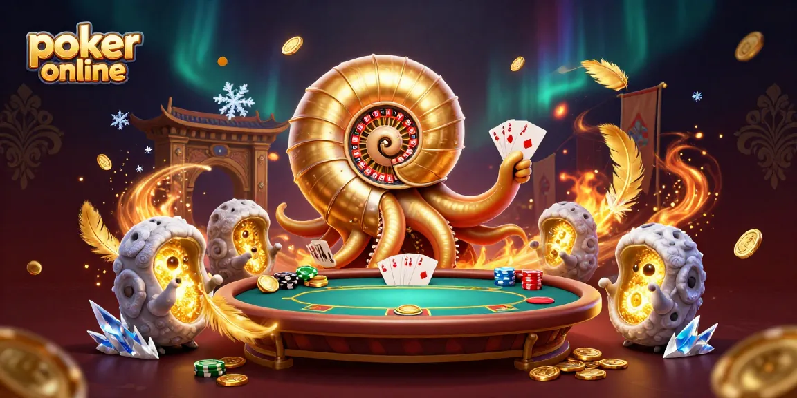 Experience poker online excitement with a vibrant 3D illustration of giant nautilus and glowing ammonite companions.