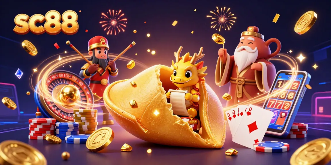 Experience sc88's casino thrill with a golden fortune cookie, dragon, and dynamic game elements.