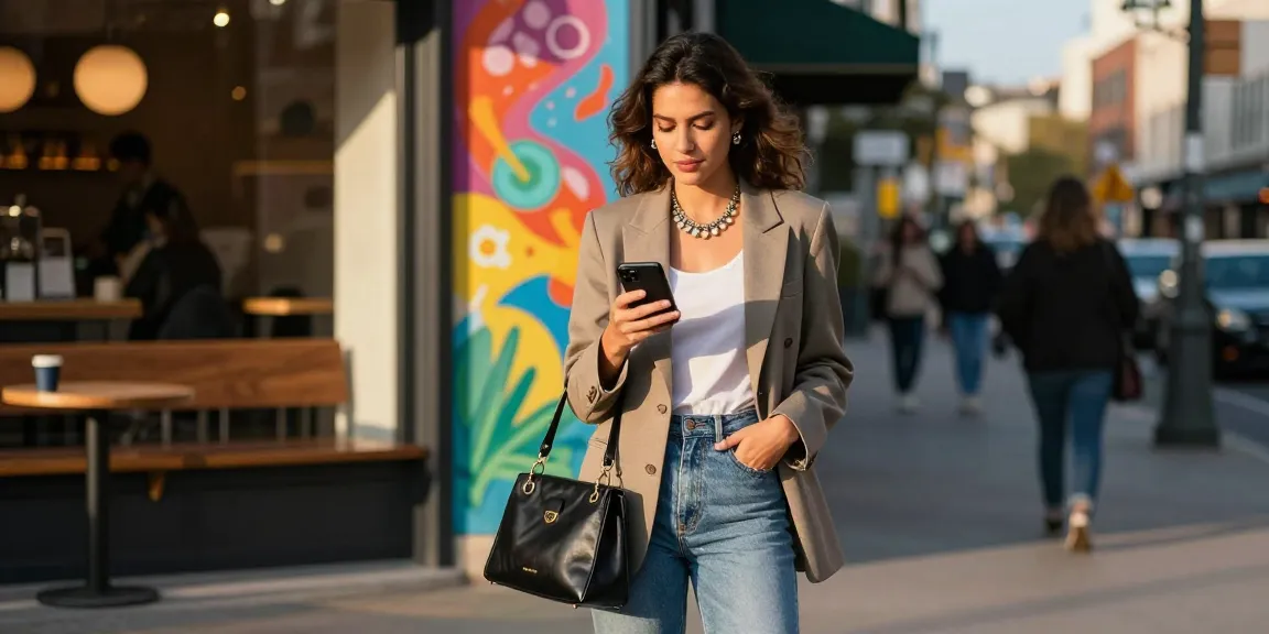Fashionable young woman in urban setting showcases trendy outfit with vibrant city backdrop.