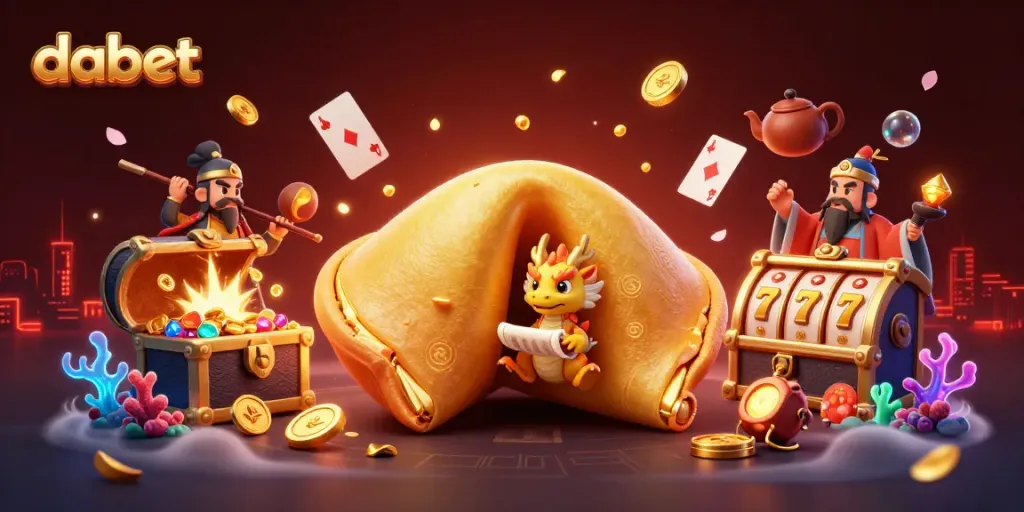 Dabet-themed illustration showcasing a golden fortune cookie, dragon, and casino elements for an engaging gaming experience.