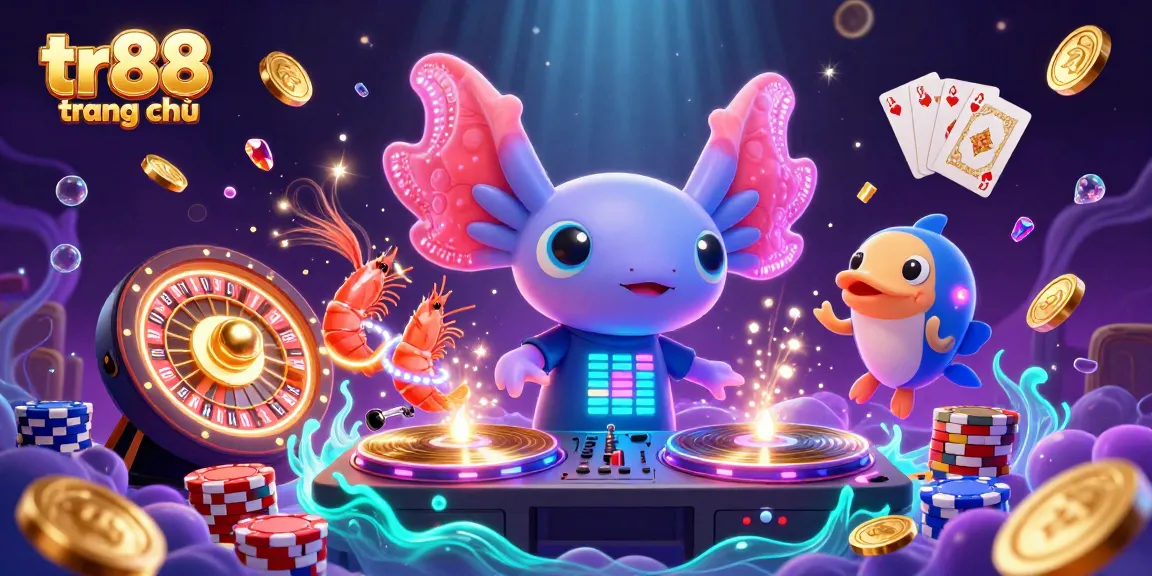 Experience the vibrant atmosphere of TR88 trang chủ with an energetic 3D casino scene featuring glowing characters and dynamic gaming elements.
