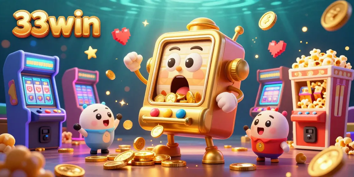 33win celebrates wins with a 3D golden slot machine hitting a jackpot, surrounded by cheering characters and gaming elements.