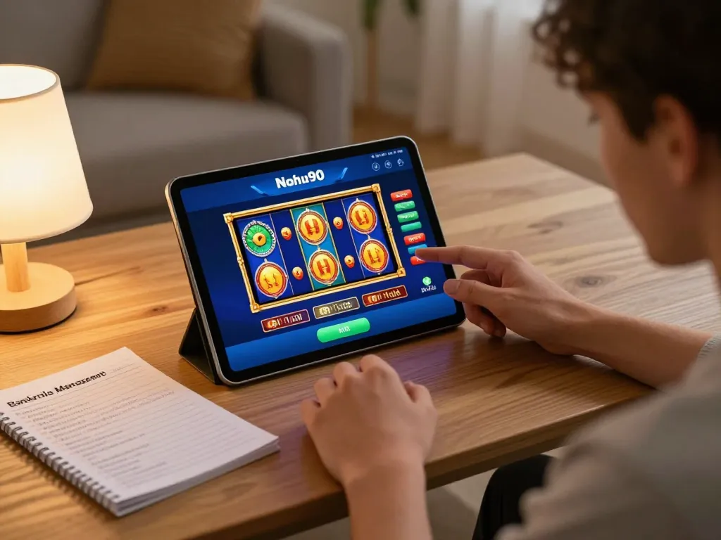 Nohu90 user enjoying a responsible gambling session on a tablet at home, displaying engaging online casino games.