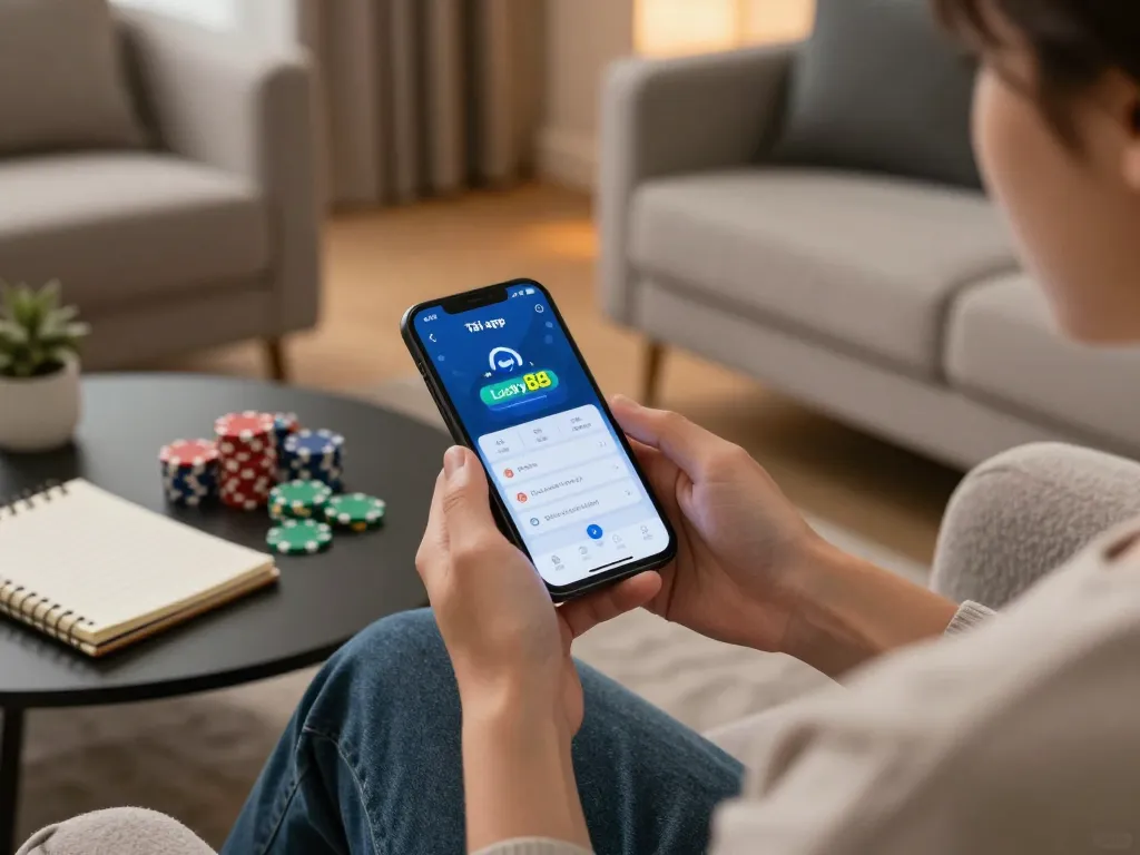 Tải app Lucky88 displayed on smartphone while engaging in strategic mobile gaming, cozy living room ambiance