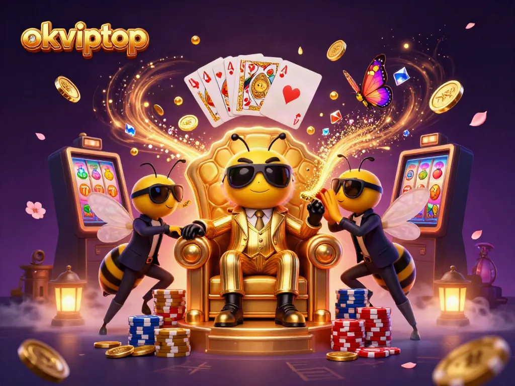 Experience the excitement of okviptop with a dazzling illustration of casino action featuring slot reels, poker chips, and vibrant characters.