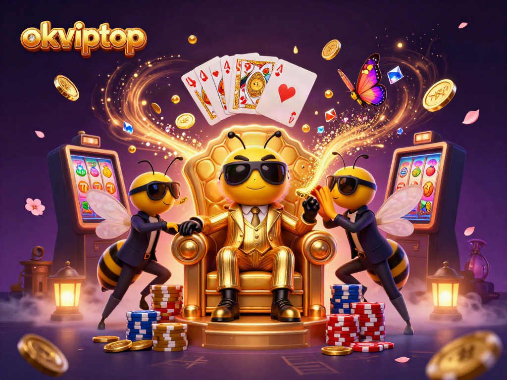 Experience the excitement of okviptop with a dazzling illustration of casino action featuring slot reels, poker chips, and vibrant characters.