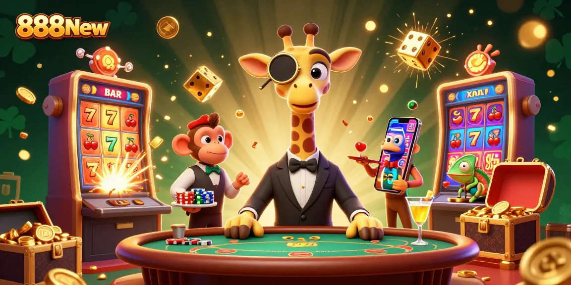 Experience the thrill of gaming at 888New with a lively 3D scene featuring gambling characters and vibrant casino elements.