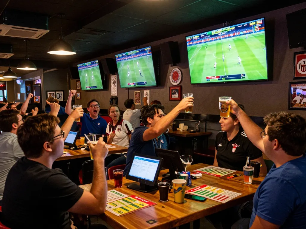 Kết quả bóng đá updates lighting up a vibrant sports bar, excited fans cheering and celebrating