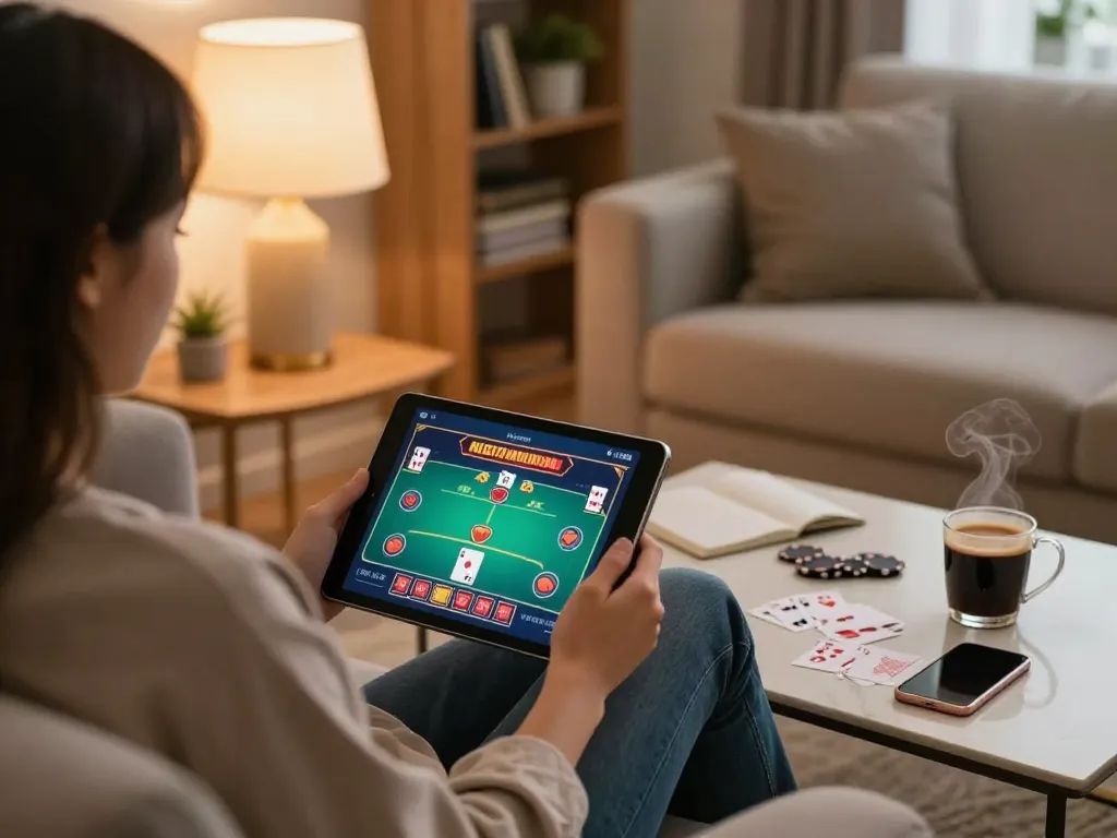 Person enjoying online gaming at home with ee88go poker interface on tablet.