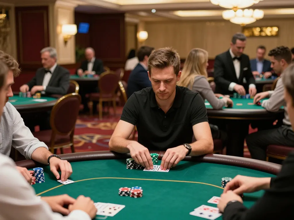 Intense poker game scene at 888b casino with focused player analyzing cards and gaming chips stacked.