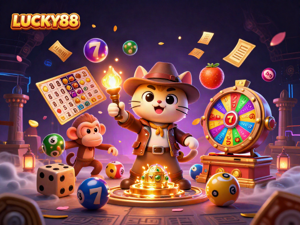 Engage with the dynamic LUCKY88 slot adventure featuring vibrant game elements and treasure-filled scenes.
