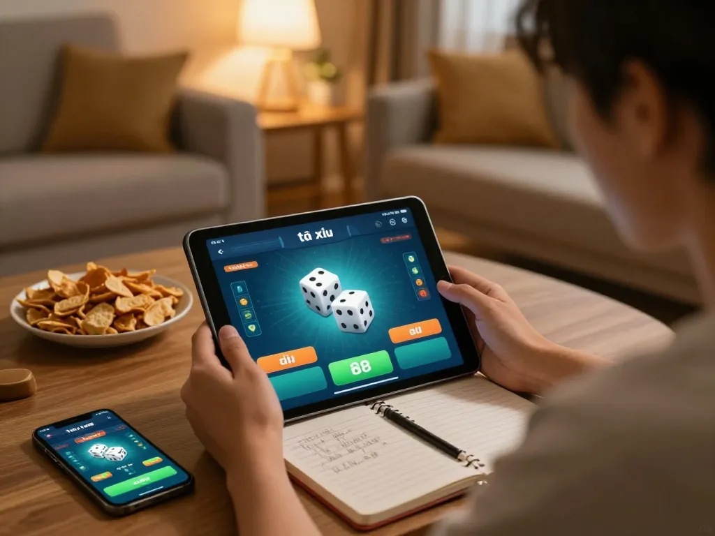 Engaging scene of a player enjoying game tài xỉu online on a tablet in a cozy home, emphasizing strategic gameplay.