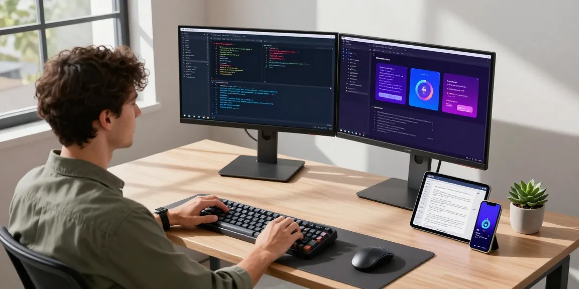 快连's tech workspace showcasing innovative coding environment with dual monitors and natural light.