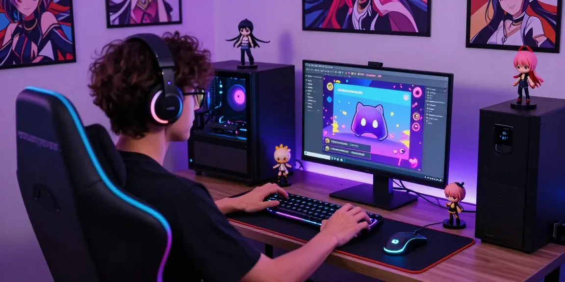 Engaging scene of ecchi bot interaction during a Discord gaming session with vibrant backgrounds and gaming setup.