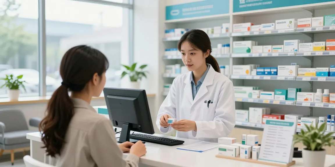 Helping customer at medical stores with prescription in a clean pharmacy setting.