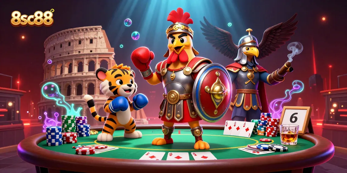 Engage in thrilling action at 8sc88 with a cartoon rooster gladiator and poker elements in vivid detail.