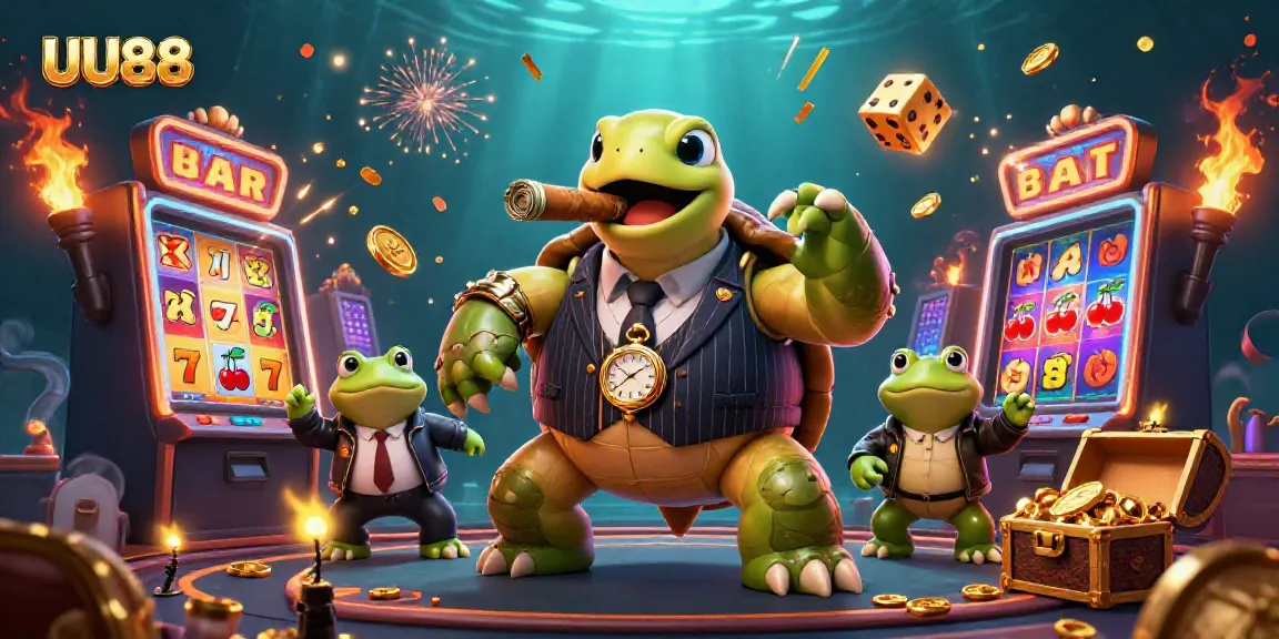 Experience exciting gameplay at UU88's vibrant casino scene with animated characters and slot machines.