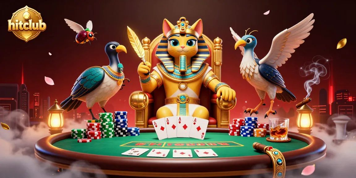 Hitclub poker scene featuring an Egyptian pharaoh cat, vibrant chips, and dynamic gameplay elements.