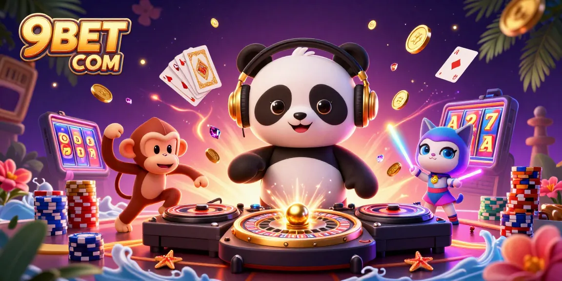 Win big with 9BET COM's vibrant casino action featuring DJ panda and monkey dance party.
