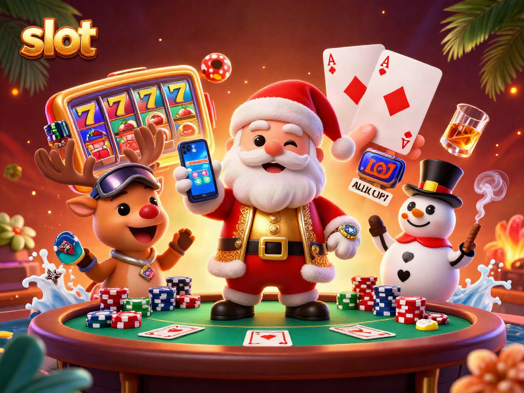 Santa slot celebration featuring vibrant jackpot symbols and poker elements in a festive casino scene.