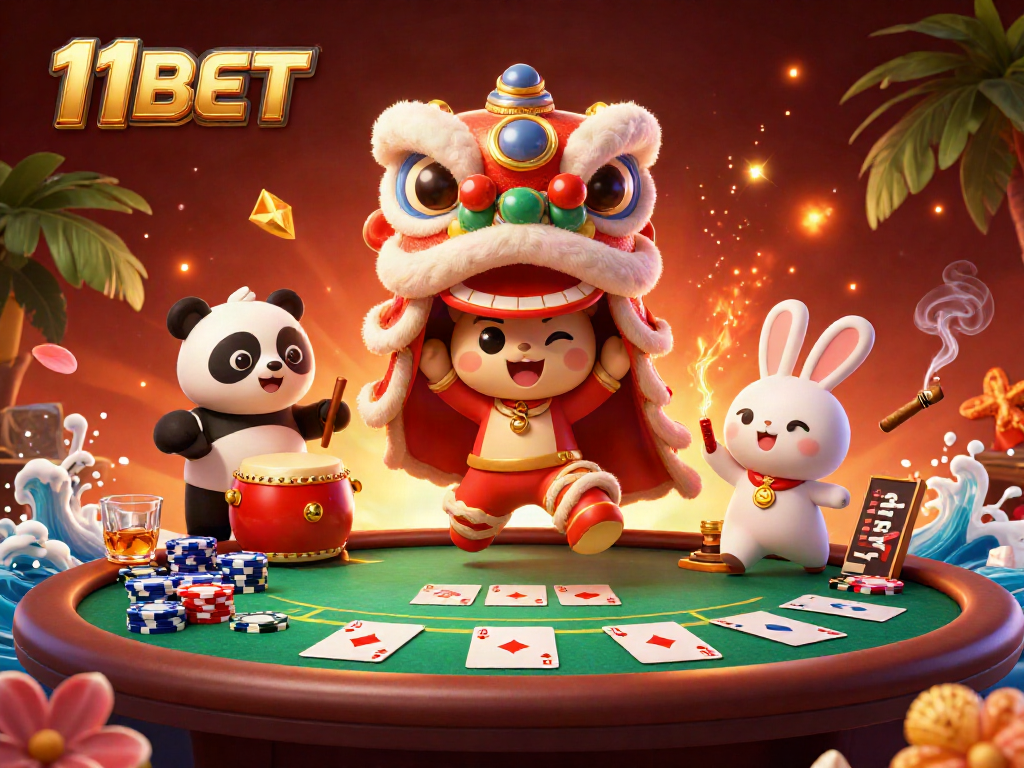 Engaging artwork capturing 11BET's vibrant casino atmosphere with cartoon characters and poker elements.