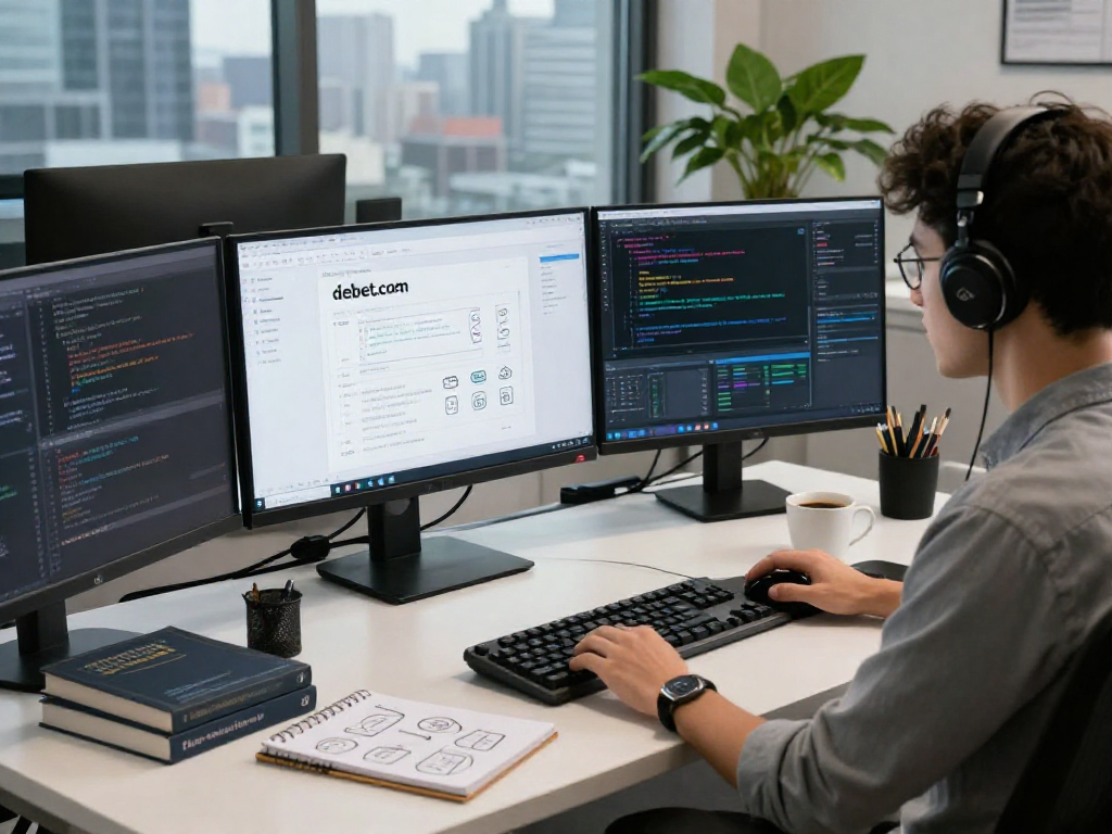 Young software engineer working on debet.com interface in modern tech workspace, showcasing innovation and focus.