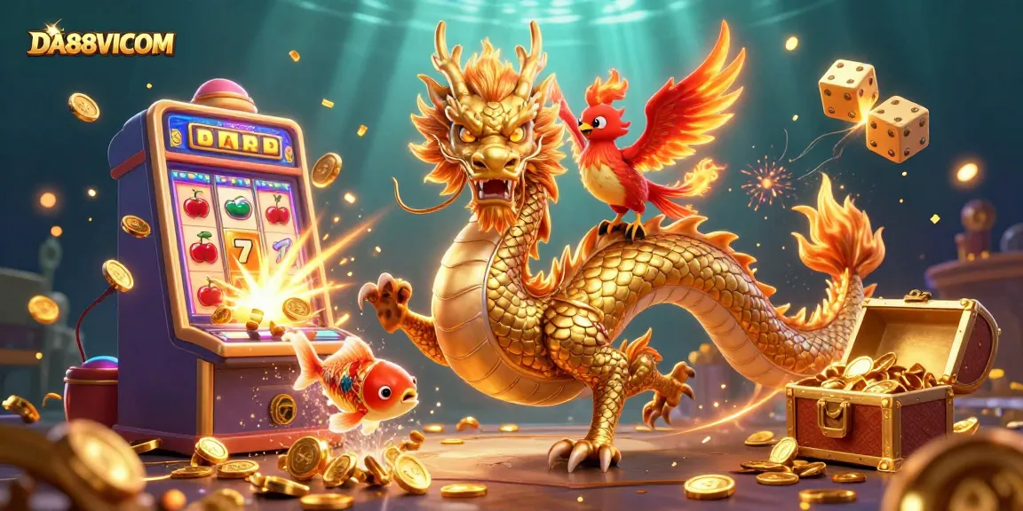 Engage in thrilling casino action with DA88VICOM showcasing a dynamic dragon, phoenix, and koi in an epic jackpot scene.
