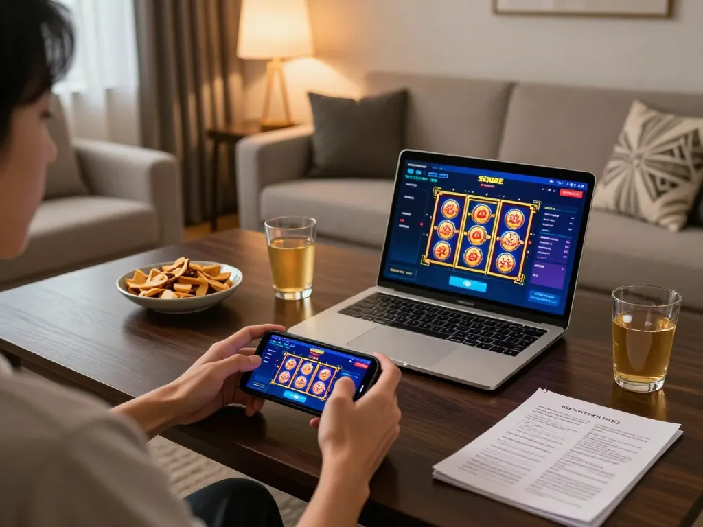 Person enjoying mobile gambling on SC88E app in cozy home setting with snacks and warm lighting